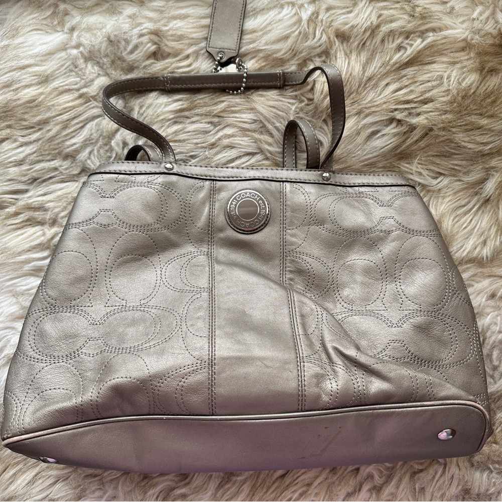 Coach Silver Leather Satchel with Stitched Signature Logo